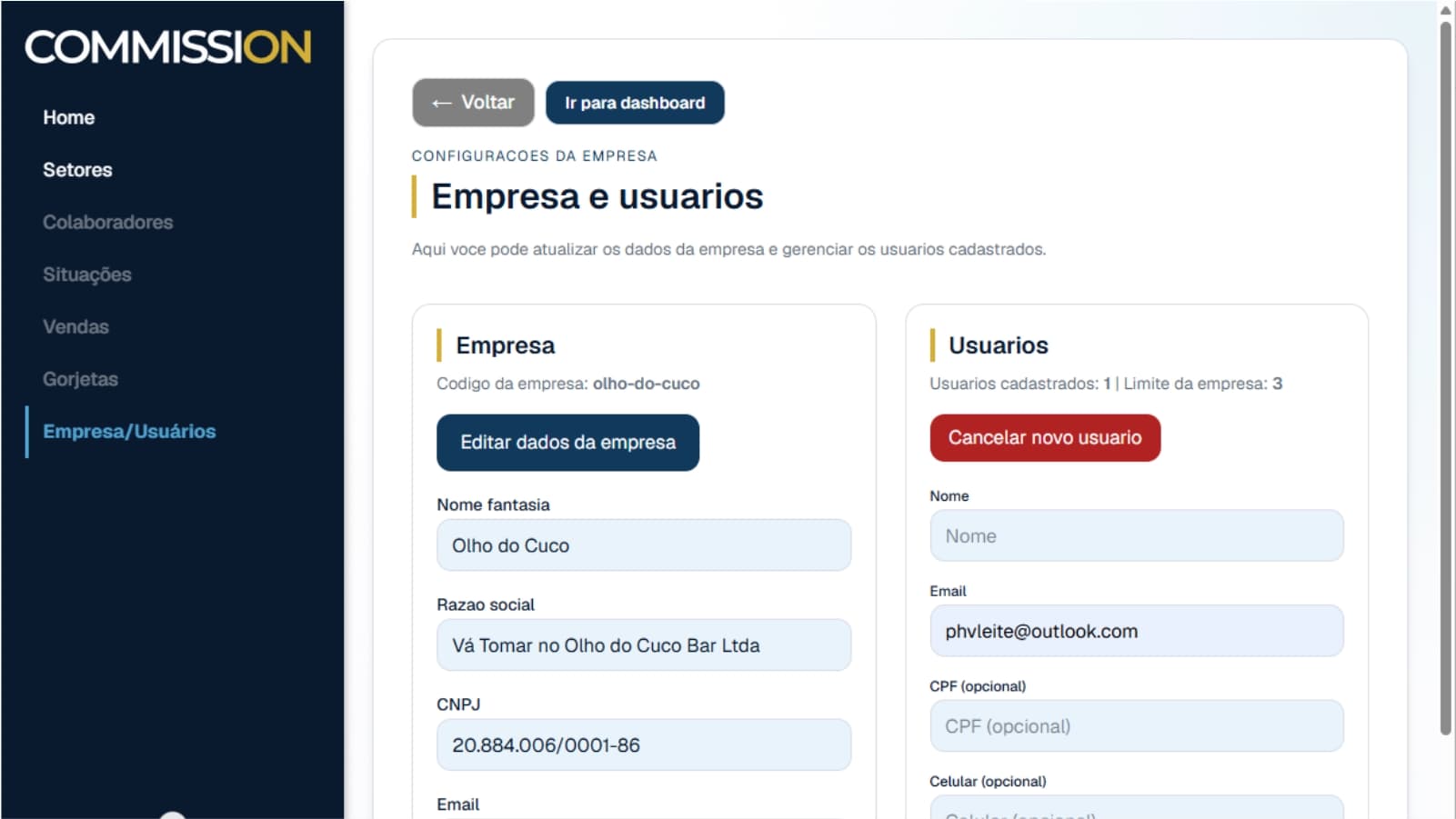 Tela de inserção de um novo usuário no módulo Empresa e Usuários