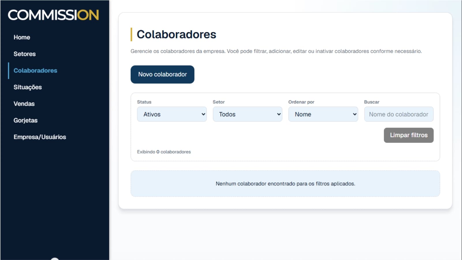 Tela do módulo Colaboradores sem registros cadastrados
