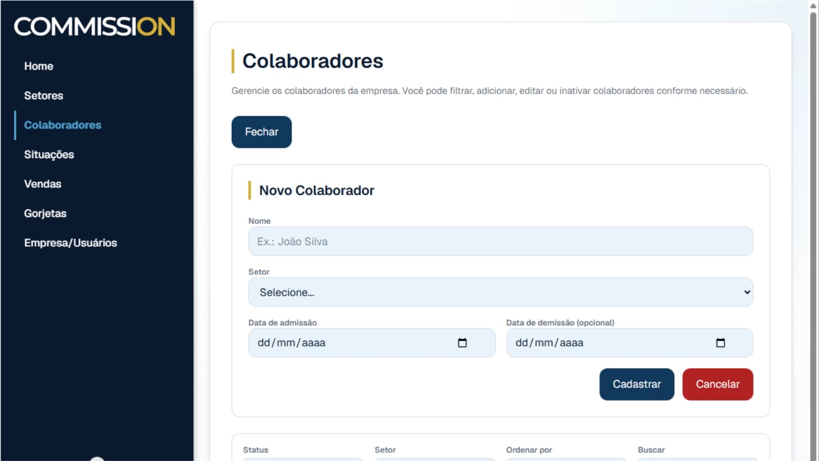 Formulário de cadastro de colaborador no módulo Colaboradores