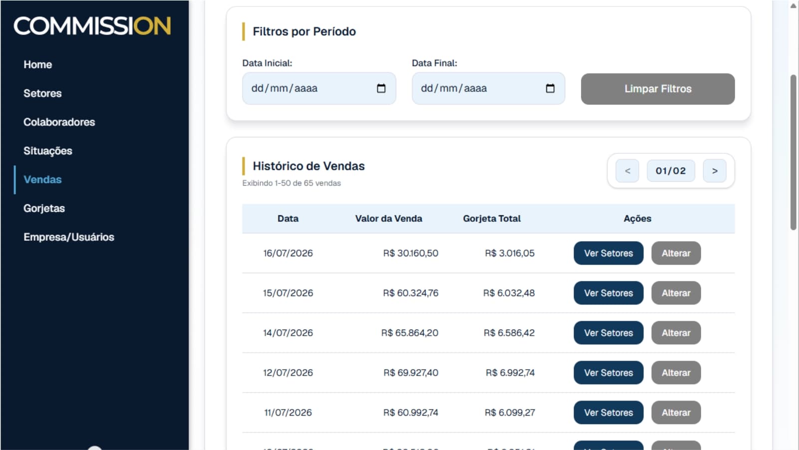 Listagem com valores de vendas já lançados no sistema