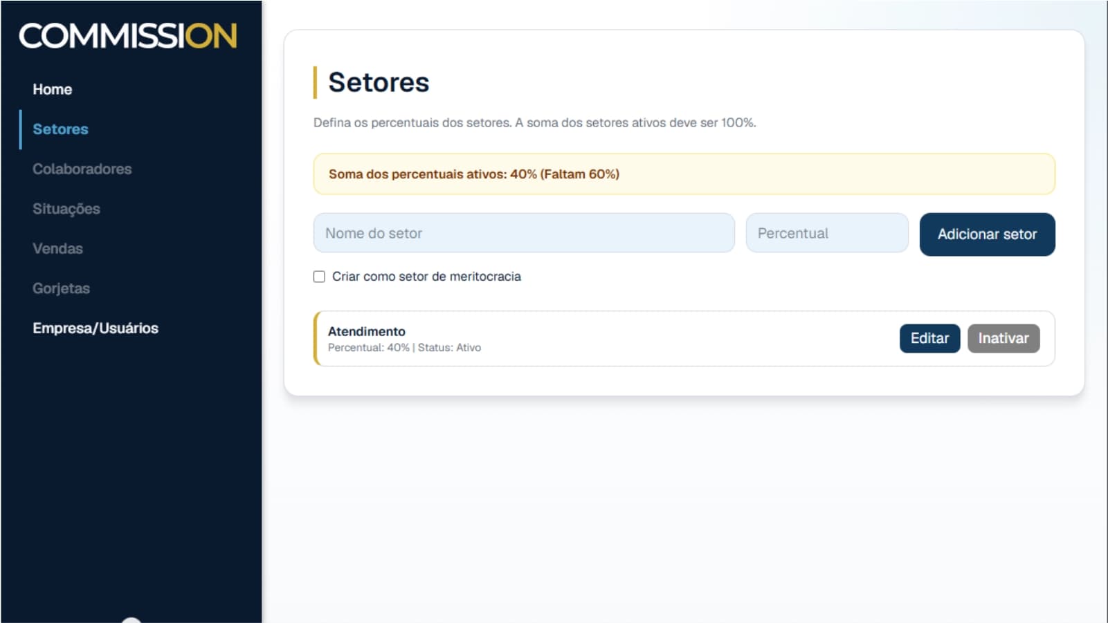 Tela de setores com um setor cadastrado e soma de 40%