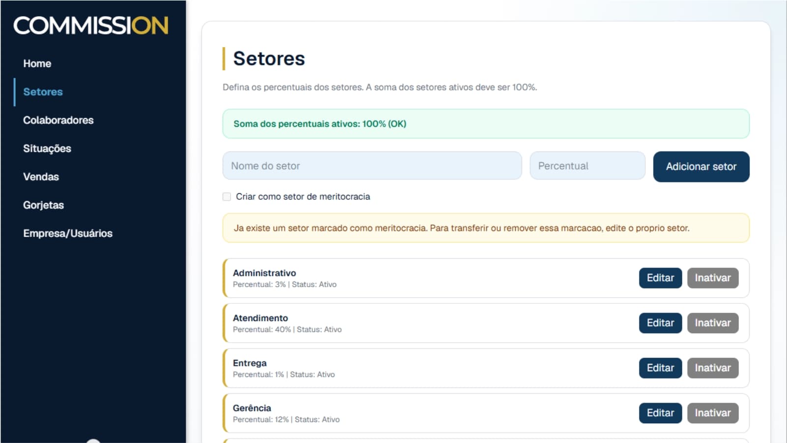 Tela de setores com soma total de 100% e módulos liberados